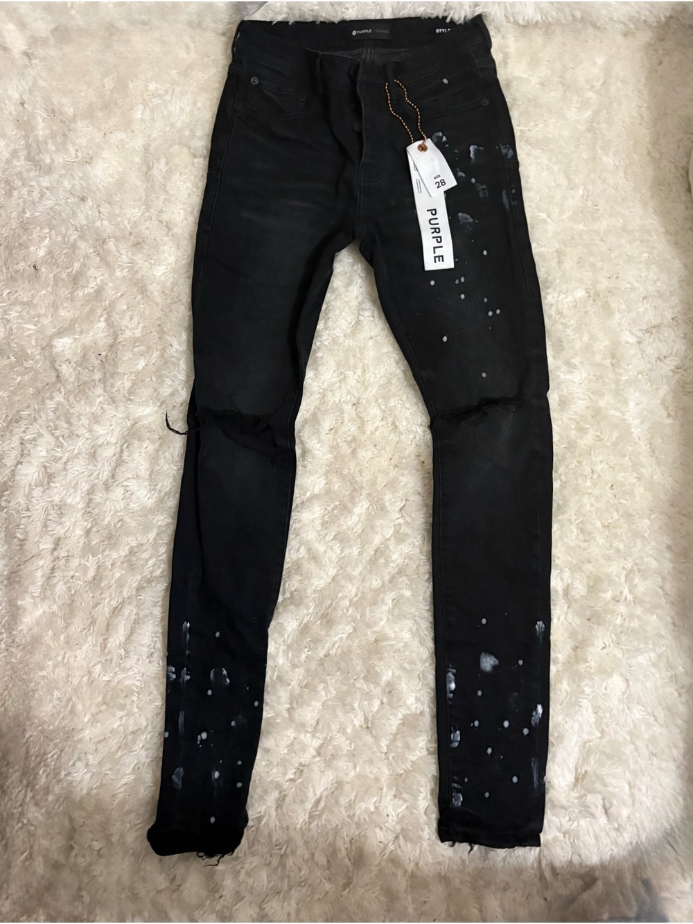 Skinny Black Distressed Paint-Splatter Purple Jeans